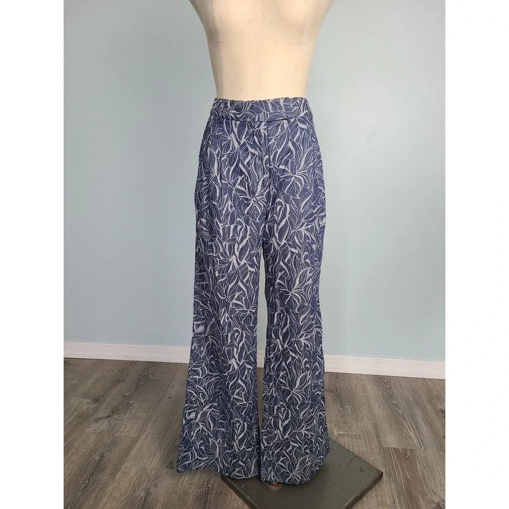 J. Mclaughlin Sz 8 Morgan‎ Pants Denim Blue Leaf Lover Wide Leg High Rise NWT